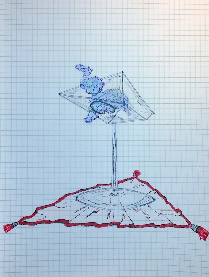Vitrine-on-Foot. Felt pen, chalk pastel.