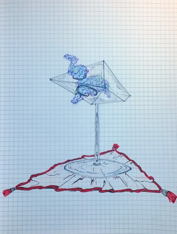 Vitrine-on-Foot. Felt pen, chalk pastel.
