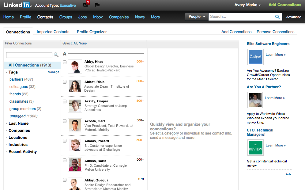 The old LinkedIn Contacts page (2008 - 2013)