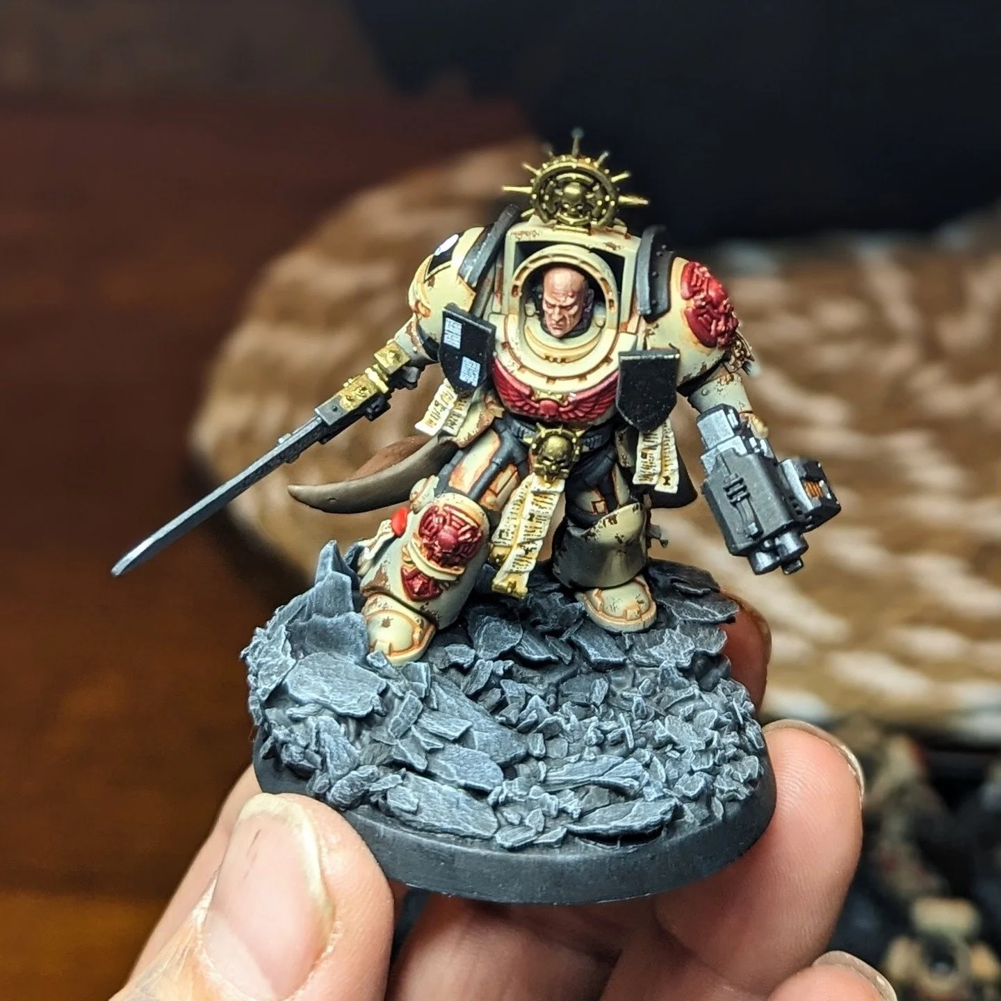 Space Marine Combat Patrol done up in a slightly custom Tome Keepers scheme. Very cool Terminator Captain.