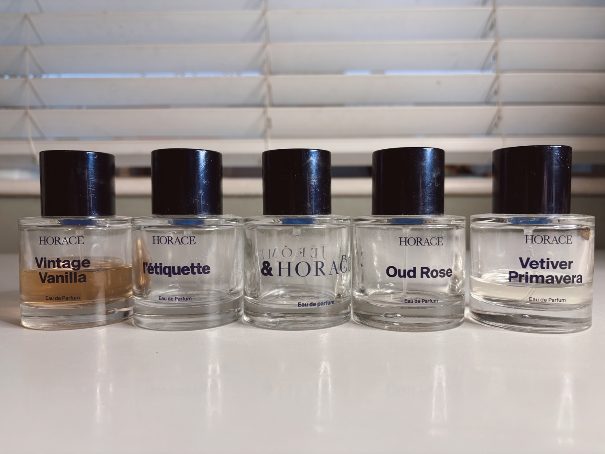 Horace fragrances lineup including Oud Rose, Vintage Vanilla, L’Etiquette, & Horace and Vetiver Primavera ranked from worst to best.