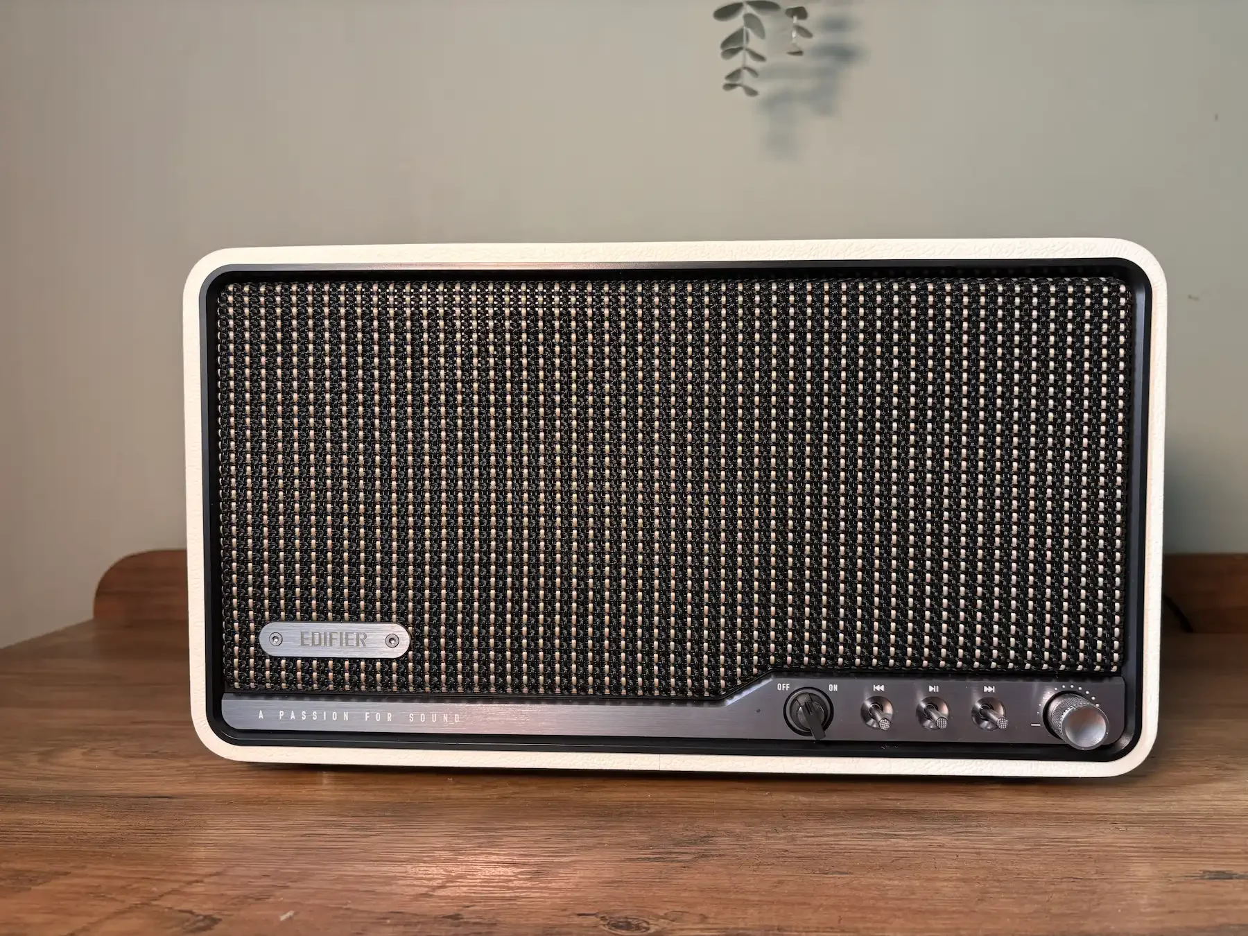 Edifier S300 premium speaker showing the front grille, controls and retro inspired design