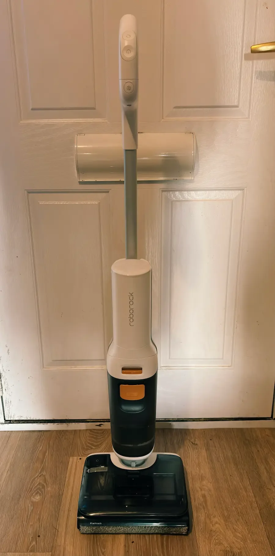 Roborock F25 GT wet and dry vacuum cleaner standing upright on a hard floor during real home testing.