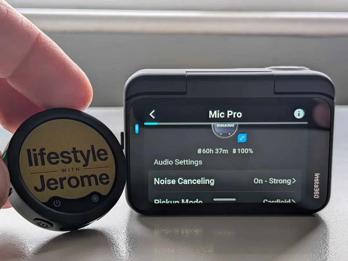 Insta360 Mic Pro transmitter with Lifestyle with Jerome E-Ink display next to the Insta360 GO Ultra screen showing Mic Pro audio settings.