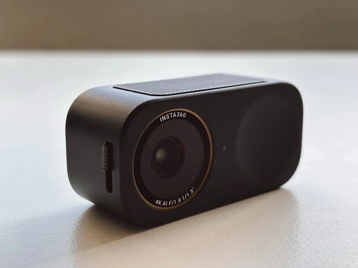Close-up of Insta360 Link 2C Pro 4K AI webcam lens and design