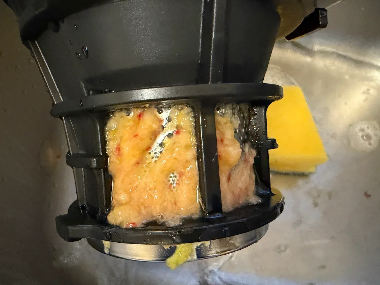 Fruit pulp trapped inside the AMZCHEF Cold Press Juicer's metal filter after juicing apples, oranges and other fresh fruits.