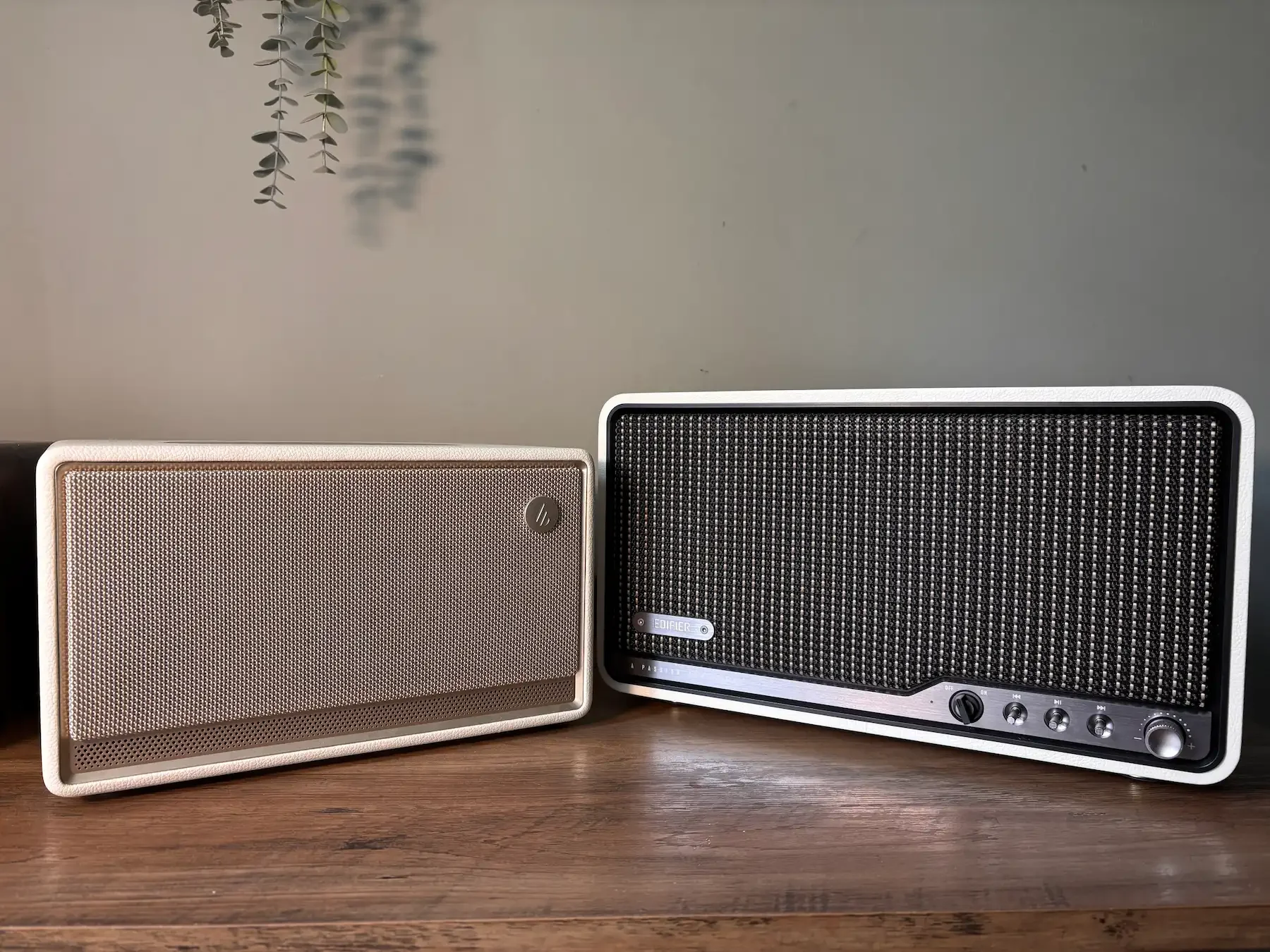 Edifier ES300 and Edifier S300 speakers side by side showing the difference in size and design