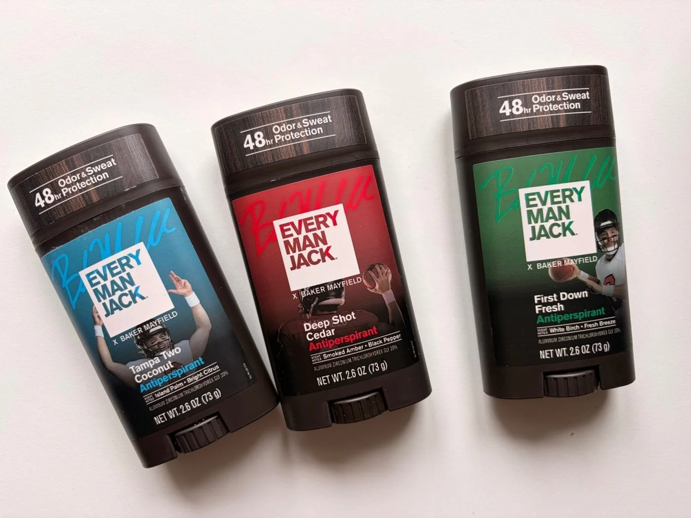Three Every Man Jack Baker Mayfield antiperspirant sticks in Tampa Two Coconut, Deep Shot Cedar and First Down Fresh fragrances.