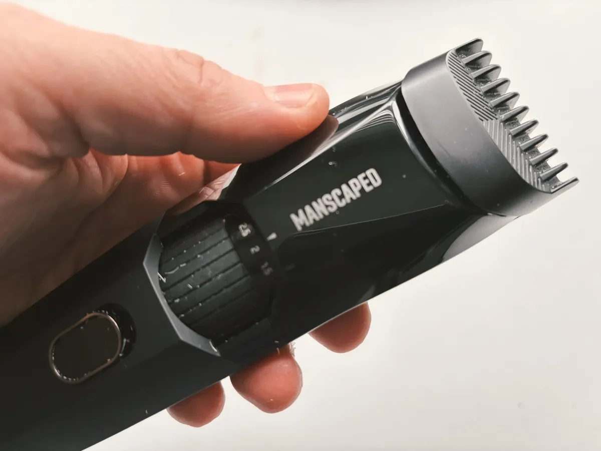 Close-up of Jerome holding the Manscaped beard Hedger during real-world testing