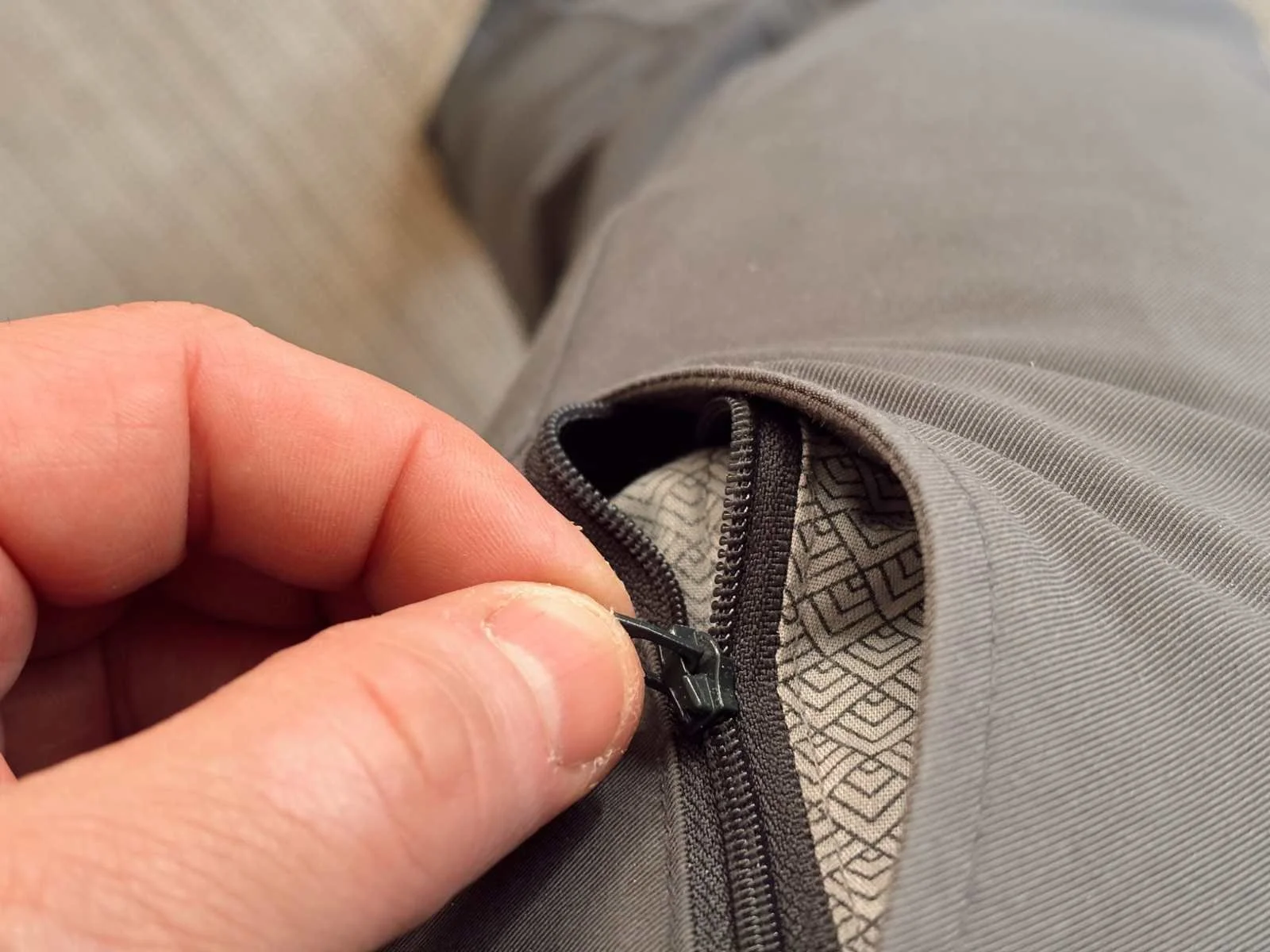 Hidden zip pocket detail on Bluffworks Ascender Chinos