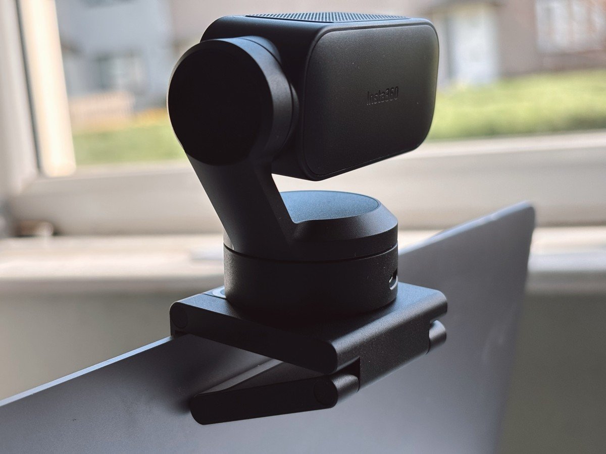 Insta360 Link 2 Pro AI 4K webcam mounted on laptop for video conferencing