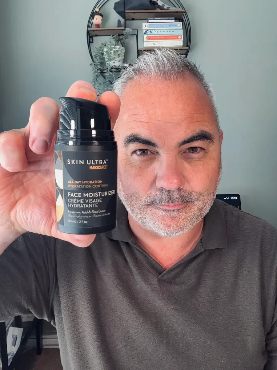 Manscaped Skin Ultra Face Moisturizer held during a men’s skincare review