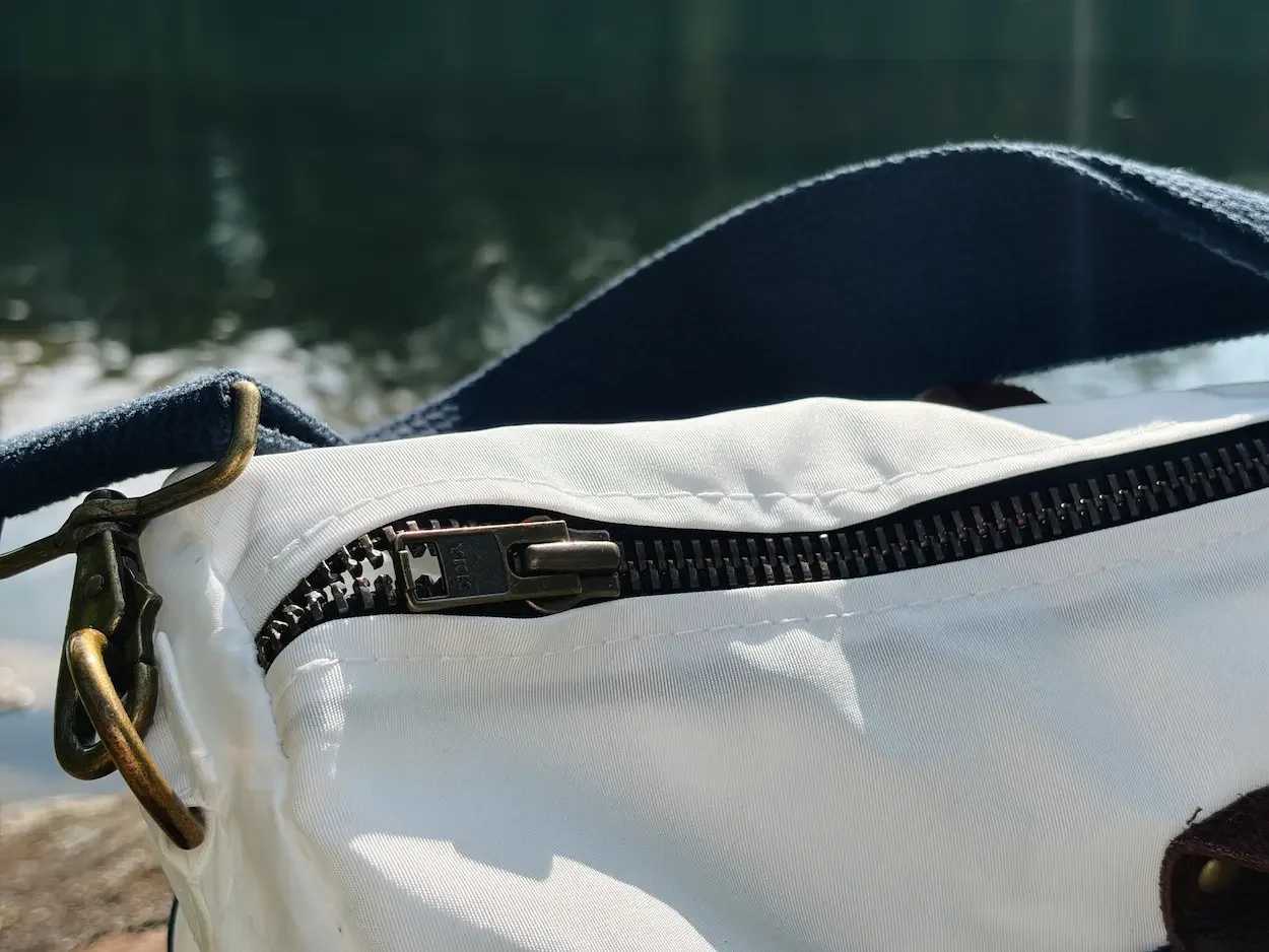 Close-up of the heavy-duty zip on the Sea Bags Chebeague Duffel