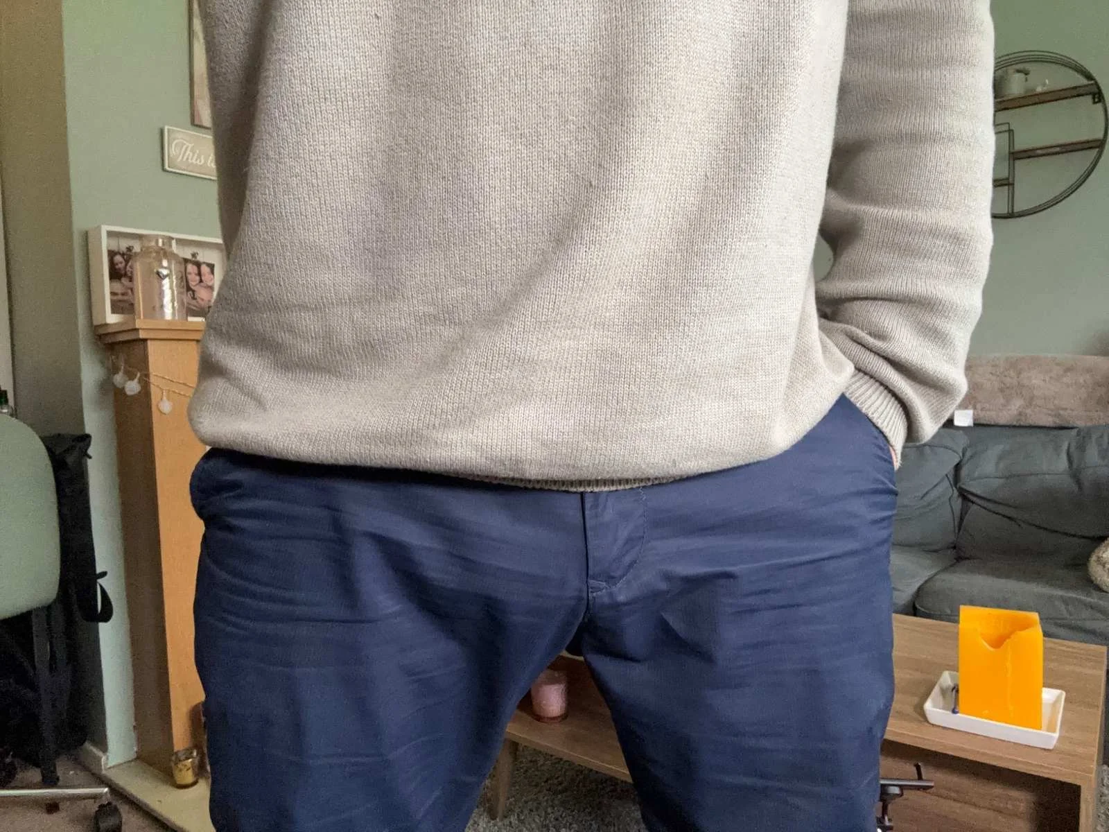 Close-up of the waist and upper-leg fit of Tailor Vintage navy slim fit chinos in a smart-casual outfit.