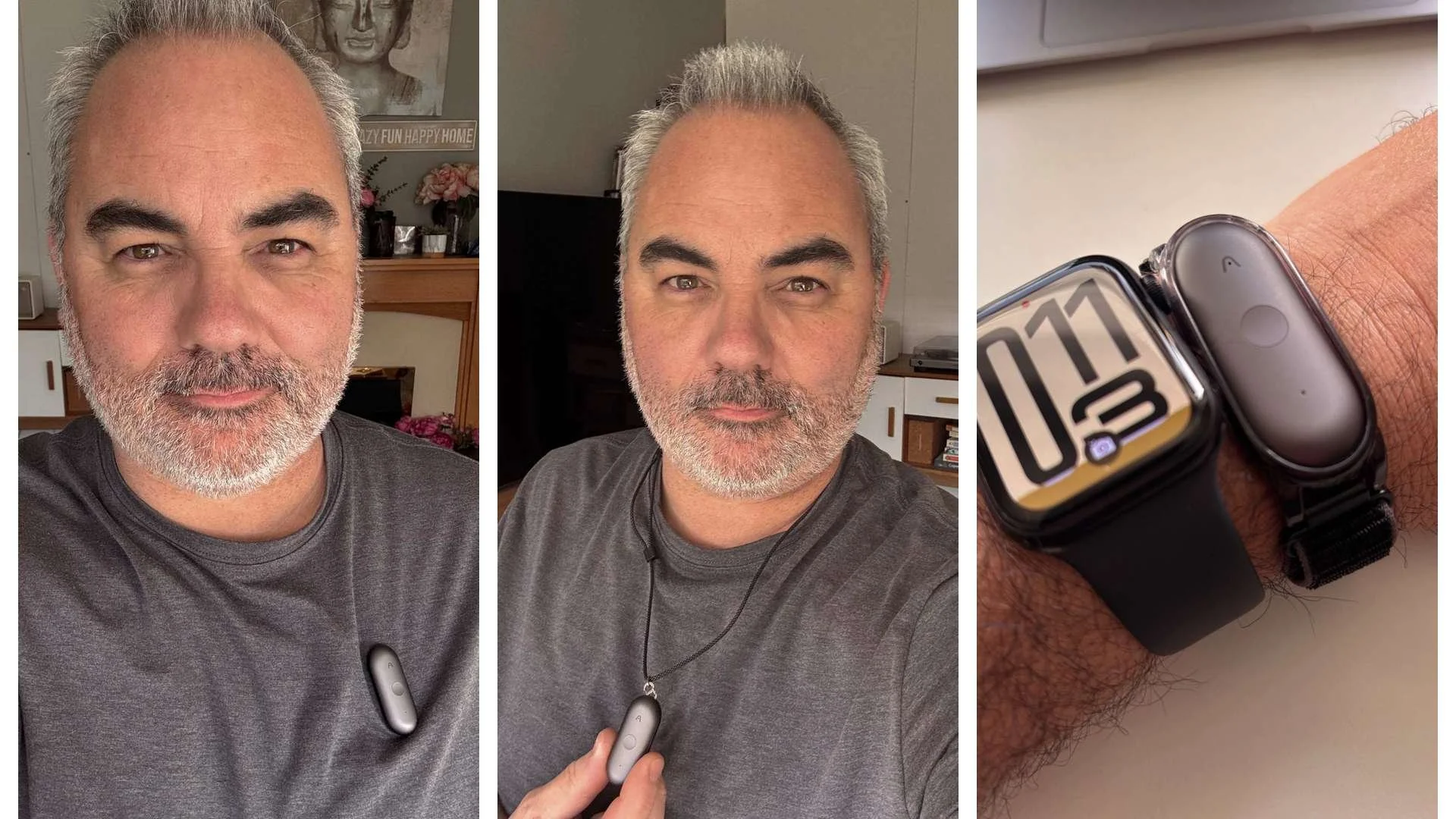 Three ways to wear the PLAUD NotePin S: clip, lanyard, and wristband (side-by-side comparison).