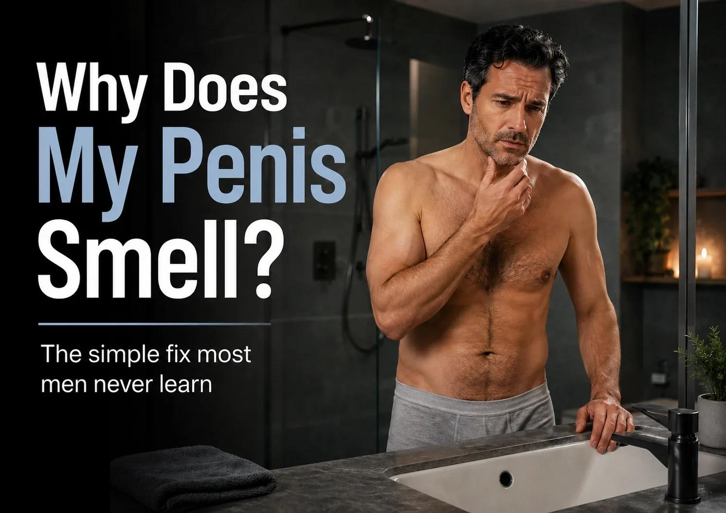 A professional lifestyle image of a man in a bathroom looking concerned, with text overlay: Why Does My Penis Smell? The simple fix most men never learn.