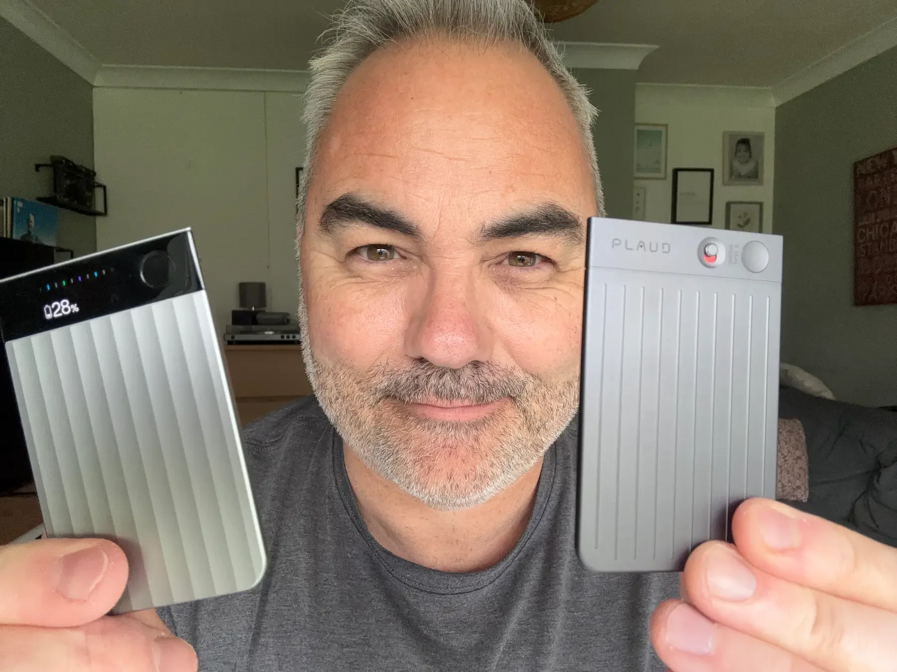 Jerome holding the Plaud Note Pro and Plaud Note devices during a hands-on comparison