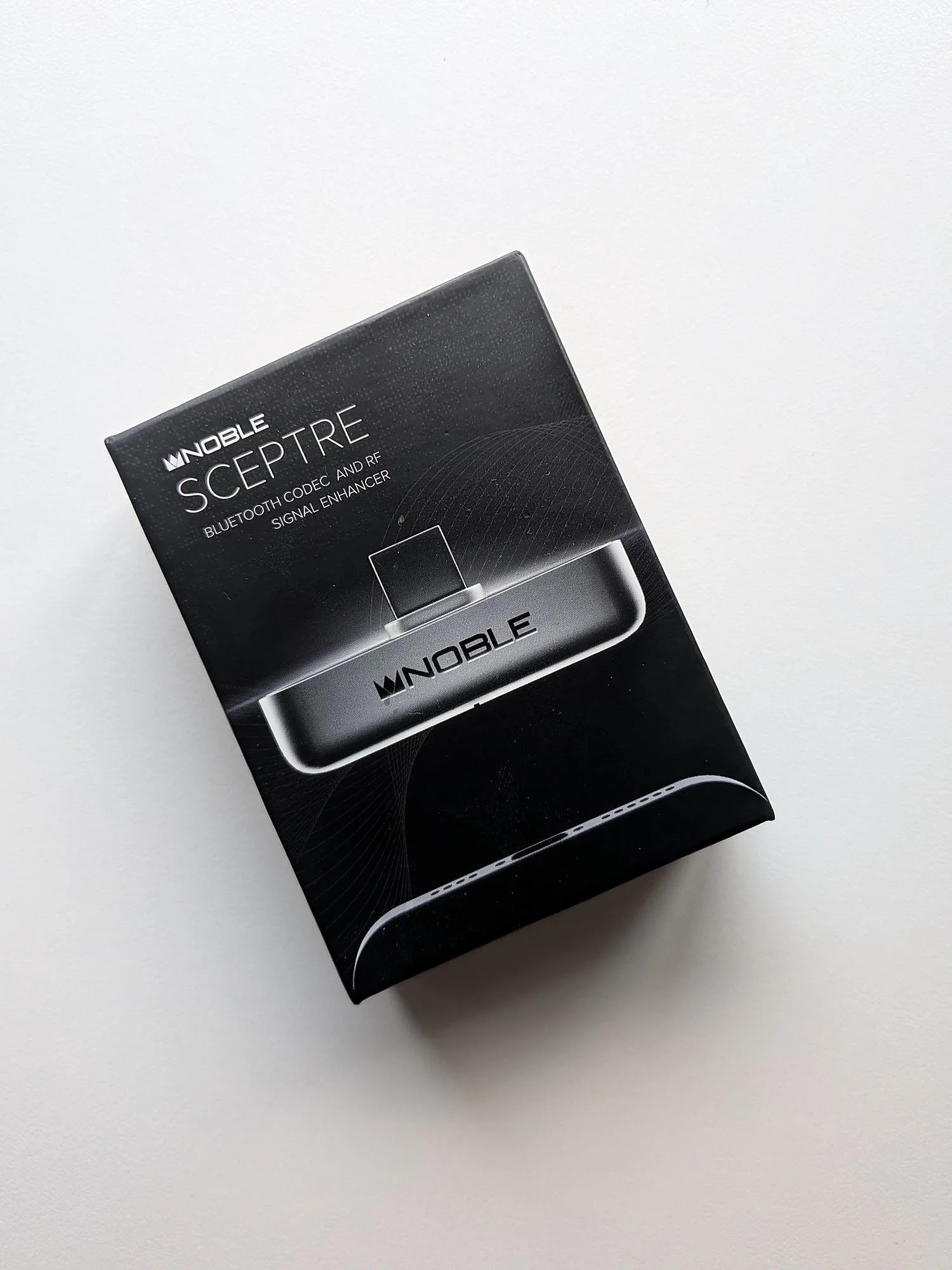 Noble Sceptre box showing the Bluetooth codec and RF signal enhancer on a white background