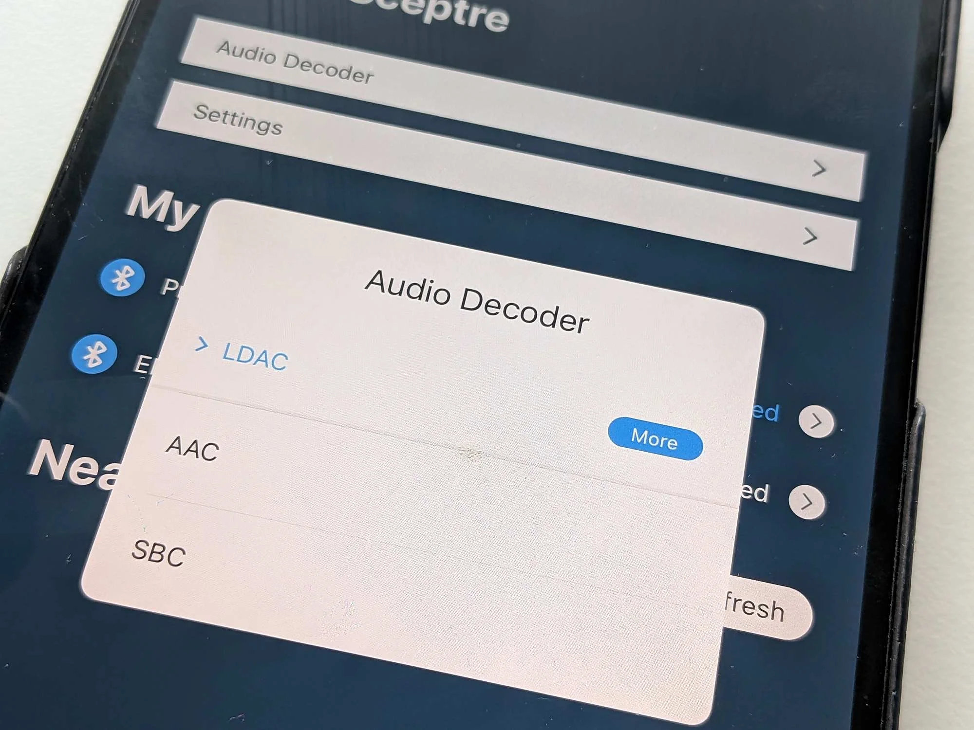 Noble Sceptre app audio decoder menu showing LDAC, AAC and SBC options on iPhone