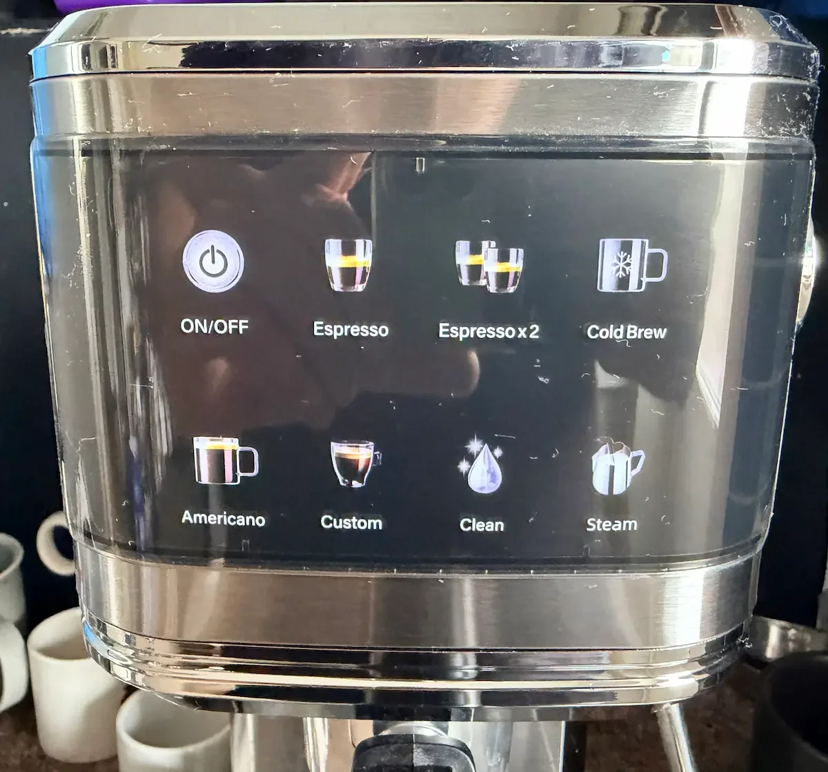 VIOMI T1A Pro touchscreen showing espresso, double espresso, cold brew, Americano, custom, clean and steam settings