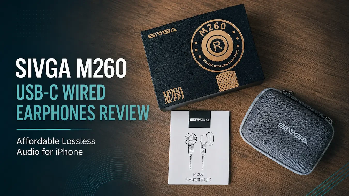 SIVGA M260 box, user manual and fabric carry case laid out on a wooden desk