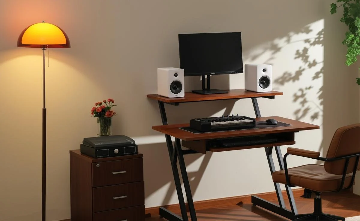 Edifier M90 speakers showcased at CES 2026 in a minimalist desk setup