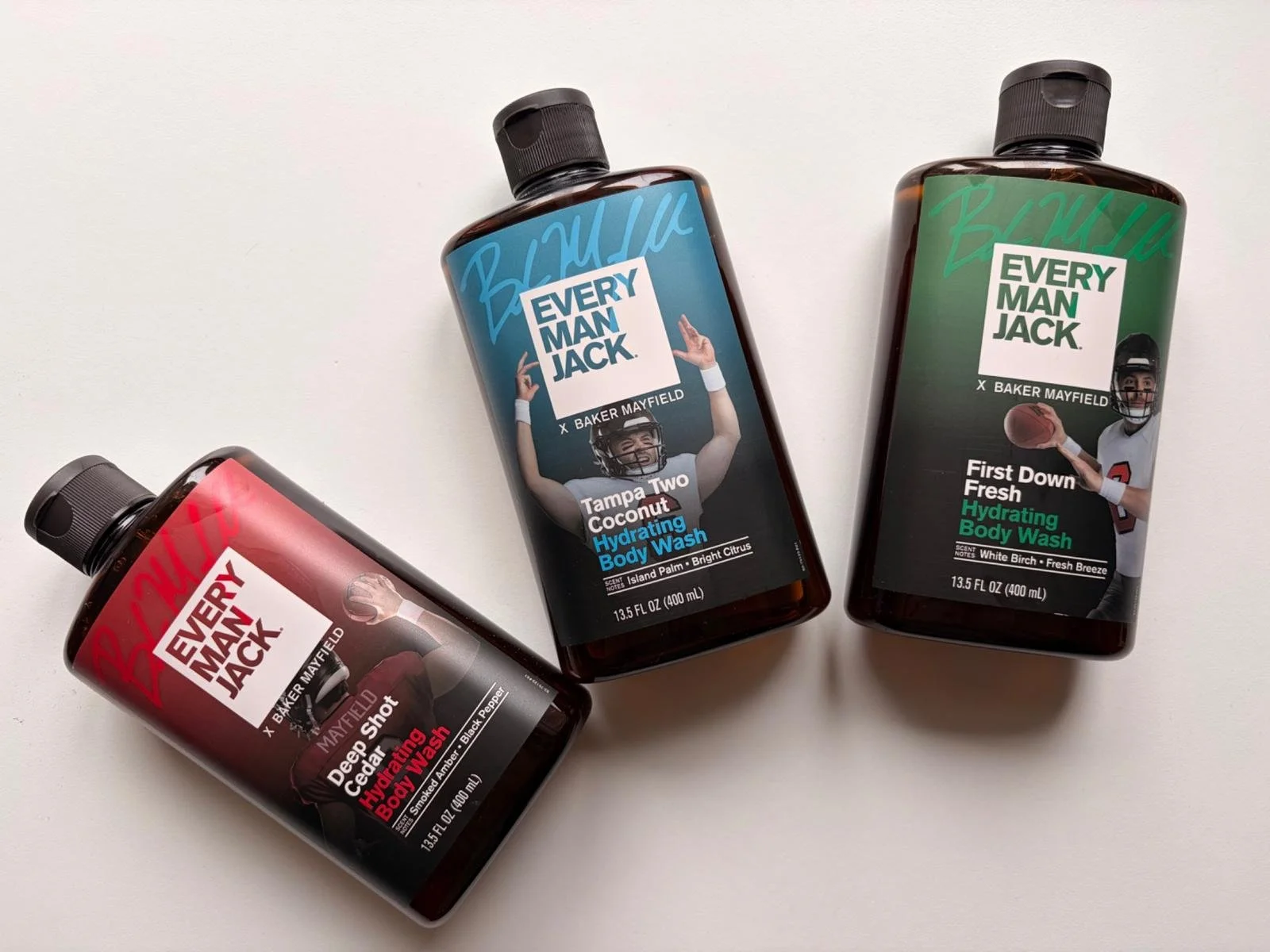 Every Man Jack x Baker Mayfield hydrating body washes in Deep Shot Cedar, Tampa Two Coconut and First Down Fresh fragrances.