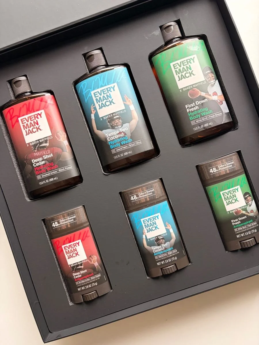 Every Man Jack x Baker Mayfield collection featuring three body washes and three matching antiperspirants in a presentation box.