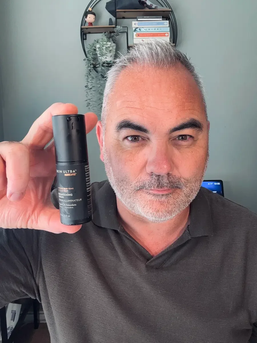 Manscaped Skin Ultra Brightening Serum held during a men’s skincare review