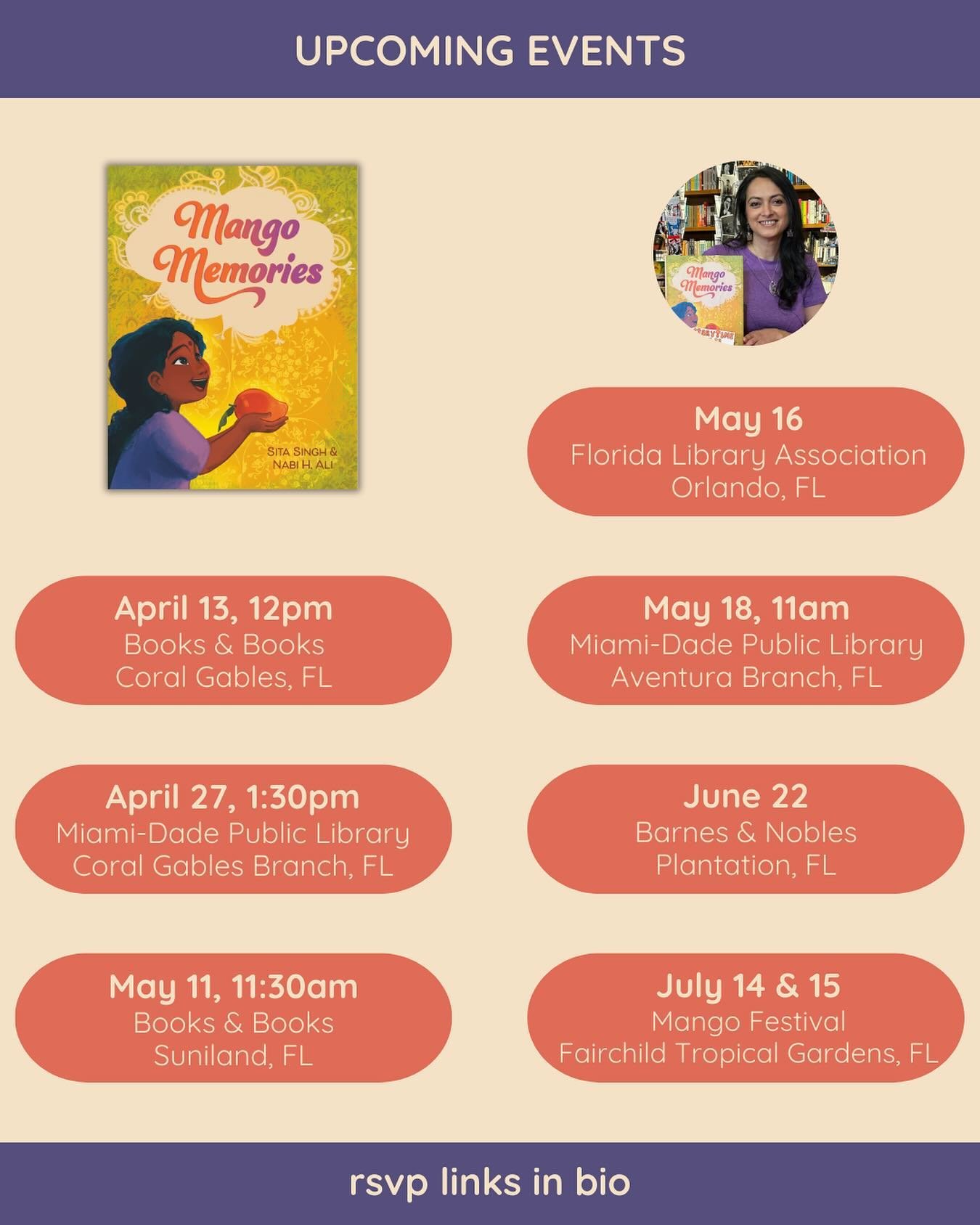I am looking forward to sharing MANGO MEMORIES at several locations in South Florida over the next few months. I hope to see you at one of these events. 

@nabihaiderali @anneschwartzbooks  @randomhousekids @annedinah2222 @lookingglasslit @pictureboo