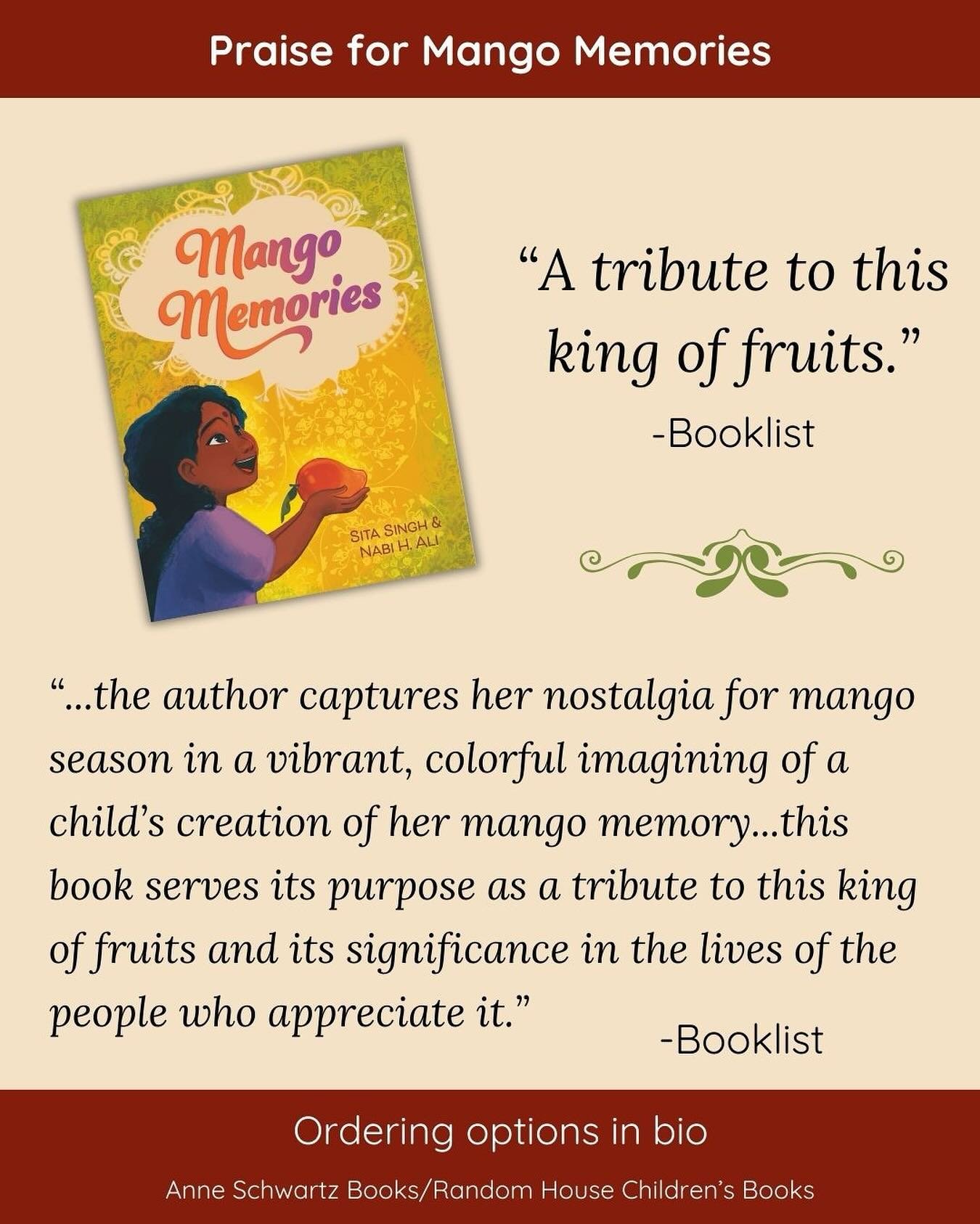 We are thrilled and grateful for another lovely review of MANGO MEMORIES, this time from Booklist of American Library Association! 🥰

Get your copy today. Mango Memories is available everywhere books are sold. 

@nabihaiderali @anneschwartzbooks @ra