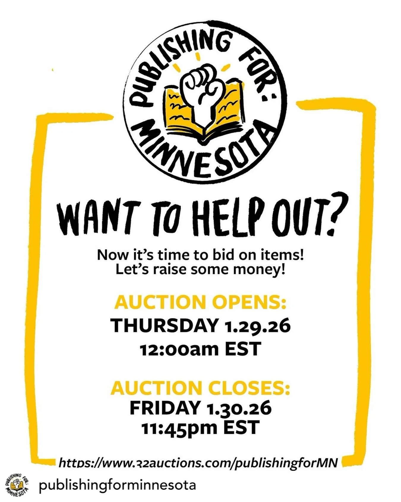 Get @reshare_app &bull; @publishingforminnesota Mark your calendars! The Publishing for Minnesota fundraiser will only be open for TWO DAYS so get your bids in then! 

If you want a sneak peek of items, we have begun listing items on our auction webs