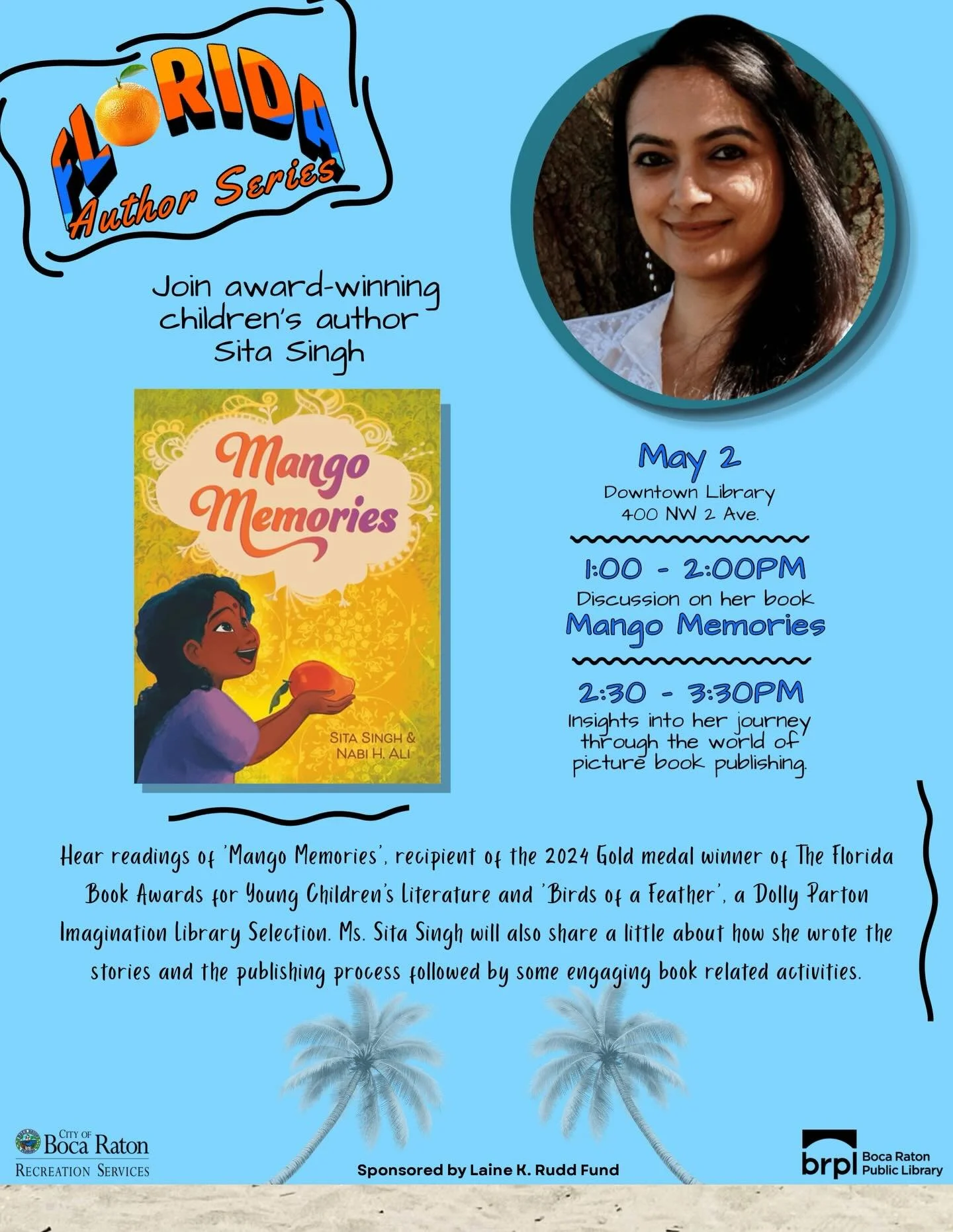Join me this Saturday at the Boca Raton Public Library! I&rsquo;ll be sharing stories and talking about writing and publishing, and I hope to see you there. 

@bocarecreation