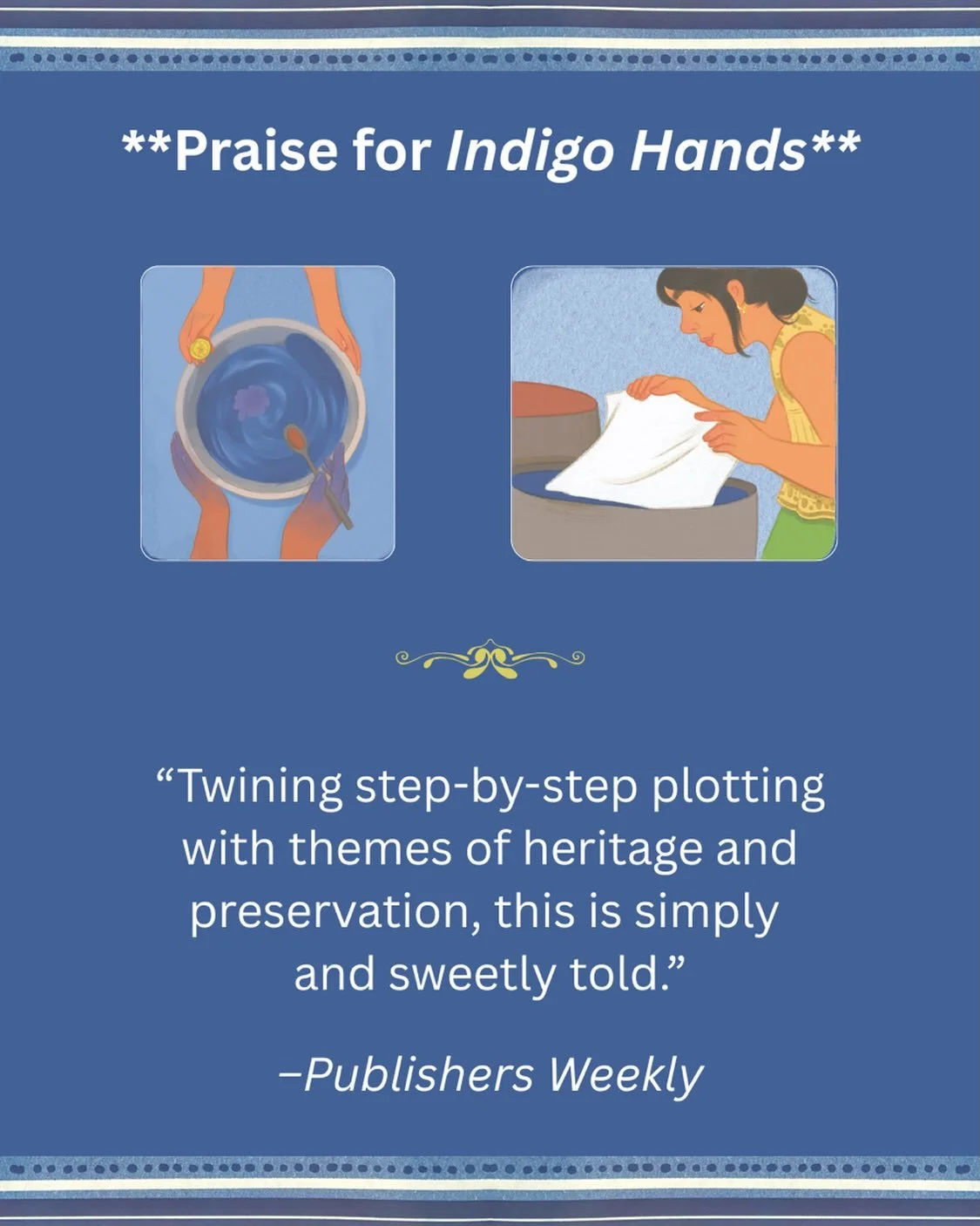 We&rsquo;re absolutely thrilled that Publishers Weekly calls INDIGO HANDS &ldquo;&hellip;Singh and Joshi&rsquo;s immersive primer&rdquo;! @maithiliart 

Read the full review at the link in bio. 

@anneschwartzbooks @randomhousekids @lookingglass_illu