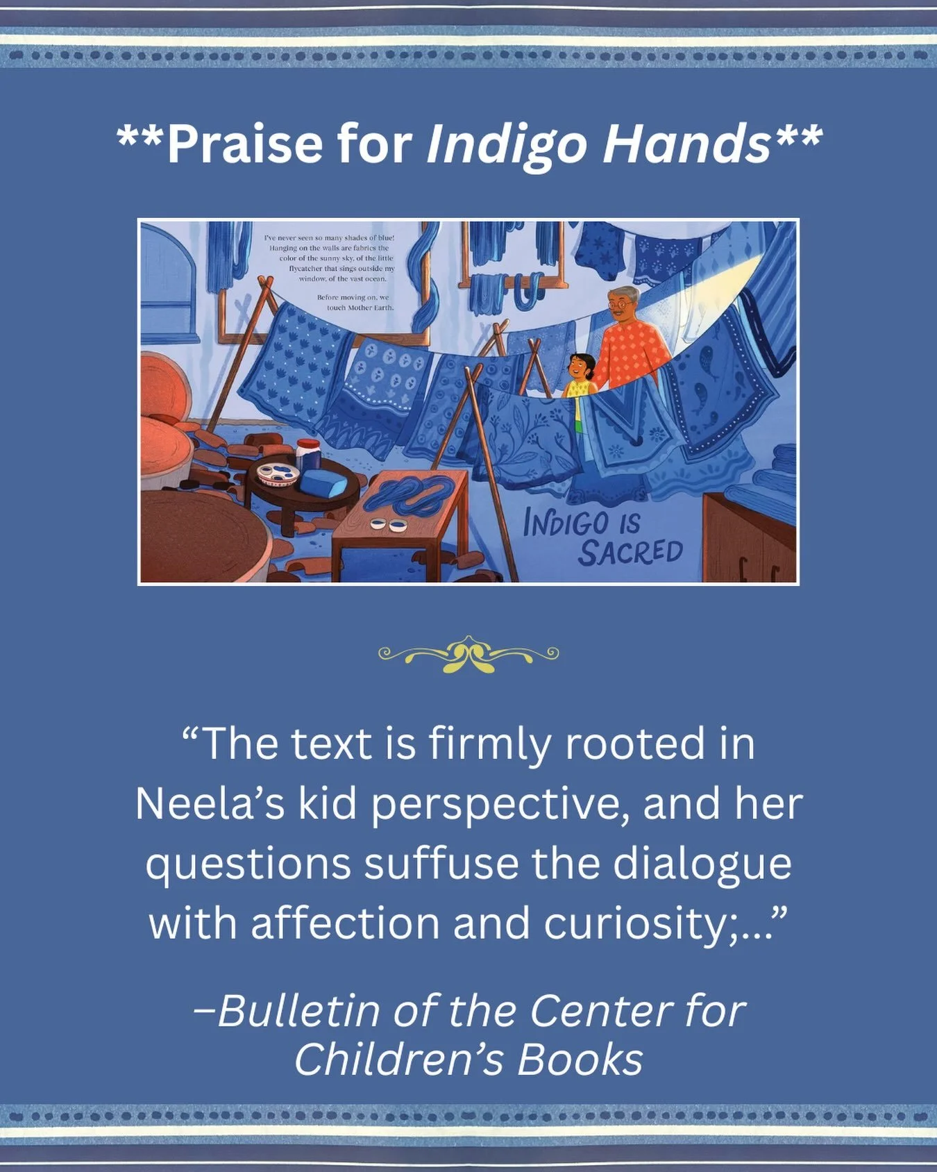 Thank you to the Bulletin of the Center for Children&rsquo;s Books for a fantastic review! We&rsquo;re so grateful and honored to have INDIGO HANDS recognized by such a wonderful publication. They also highlight @maithiliart&rsquo;s artwork by saying