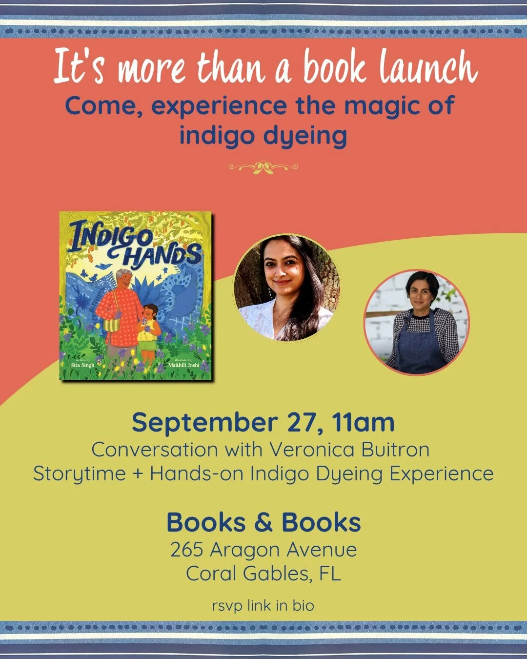 South Florida friends!! The INDIGO HANDS celebrations continue, and I&rsquo;m so excited to bring this one home! 💙

Join me and @veronicabuitron at @booksandbooks in Coral Gables on September 27 at 11am for a conversation, storytime, and a hands-on 