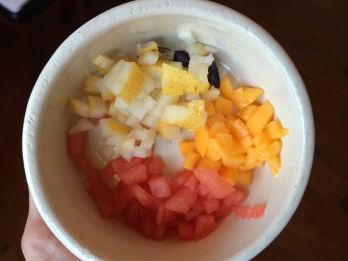 A bunny breakfast: diced banana, papaya, pear and watermelon.