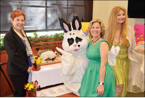Valentino illustrations flanking the presenters are Sarah Ettman Sterner, editor; Real Love Bunny; Big Love Bunny (Lerina Winter); with Margarita Fairbanks, author; and Suzan Duval, illustrator (photo by Priscilla) 