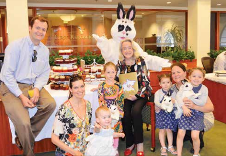The Love Bunny greeting everyone including Michael Prostel, Lisa Camenizind with baby Cali; Julia next to Marsha St. Clair and Jessica Bradshaw with her girls, Lily and Emme (photo by Priscilla)