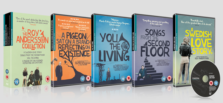 Roy Andersson Boxset Collection included 4 films. Each Inlay was designed to fit in within the Pigeon Creative.