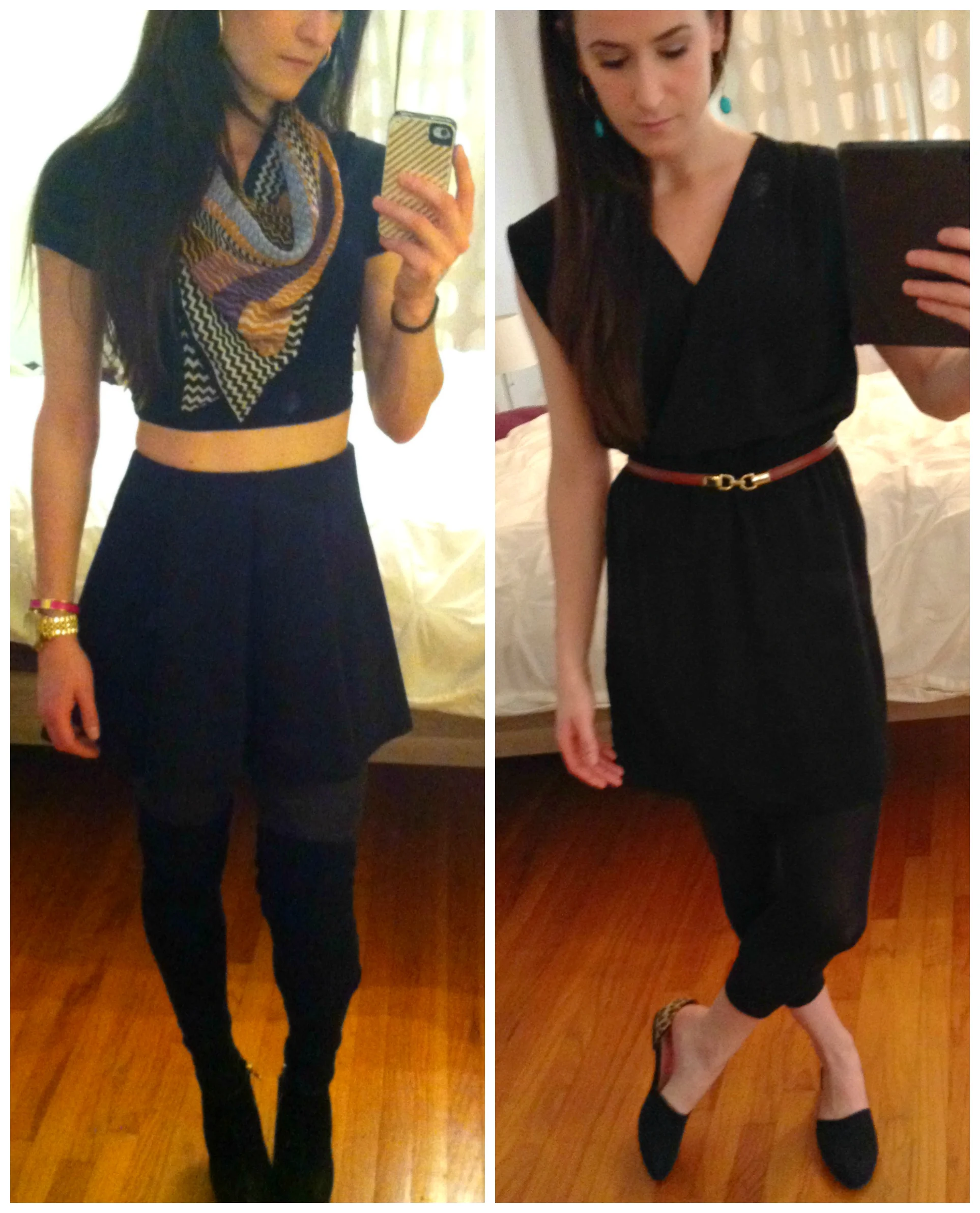 Left: Express crop top, Zara skirt, Beyond Yoga thigh-high leggings, Chinese Laundry booties, Juicy Couture earrings, J. Crew pink cuff, Missoni scarf Right: Aqua tulip-front dress, Banana Republic belt, Betsey Johnson loafers, Noon Designs earrings