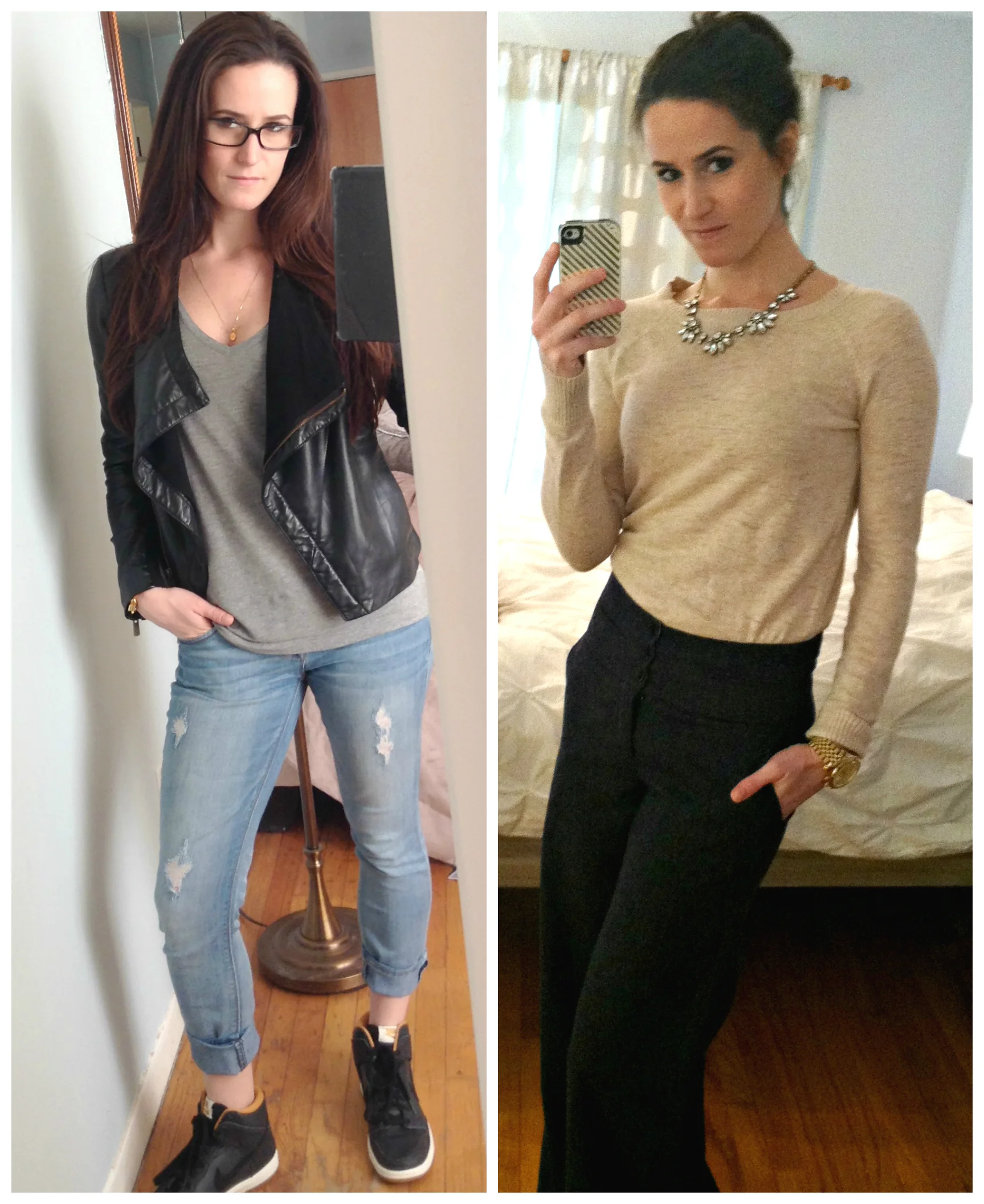 Left: Bebe jacket, Madewell tee, Express jeans, Nike high tops, thrift shop glasses, Tiffany&Co necklace Right: Target sweater, H&M high-waisted tweed pants, Michael Kors platform loafters (not pictured), J.Crew necklace