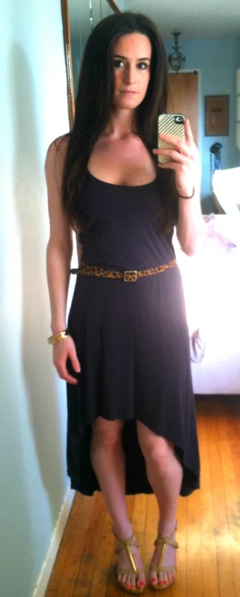 Hardtail high-low jersey dress, Target belt, Dolce Vita wedges, Juicy Couture bangles