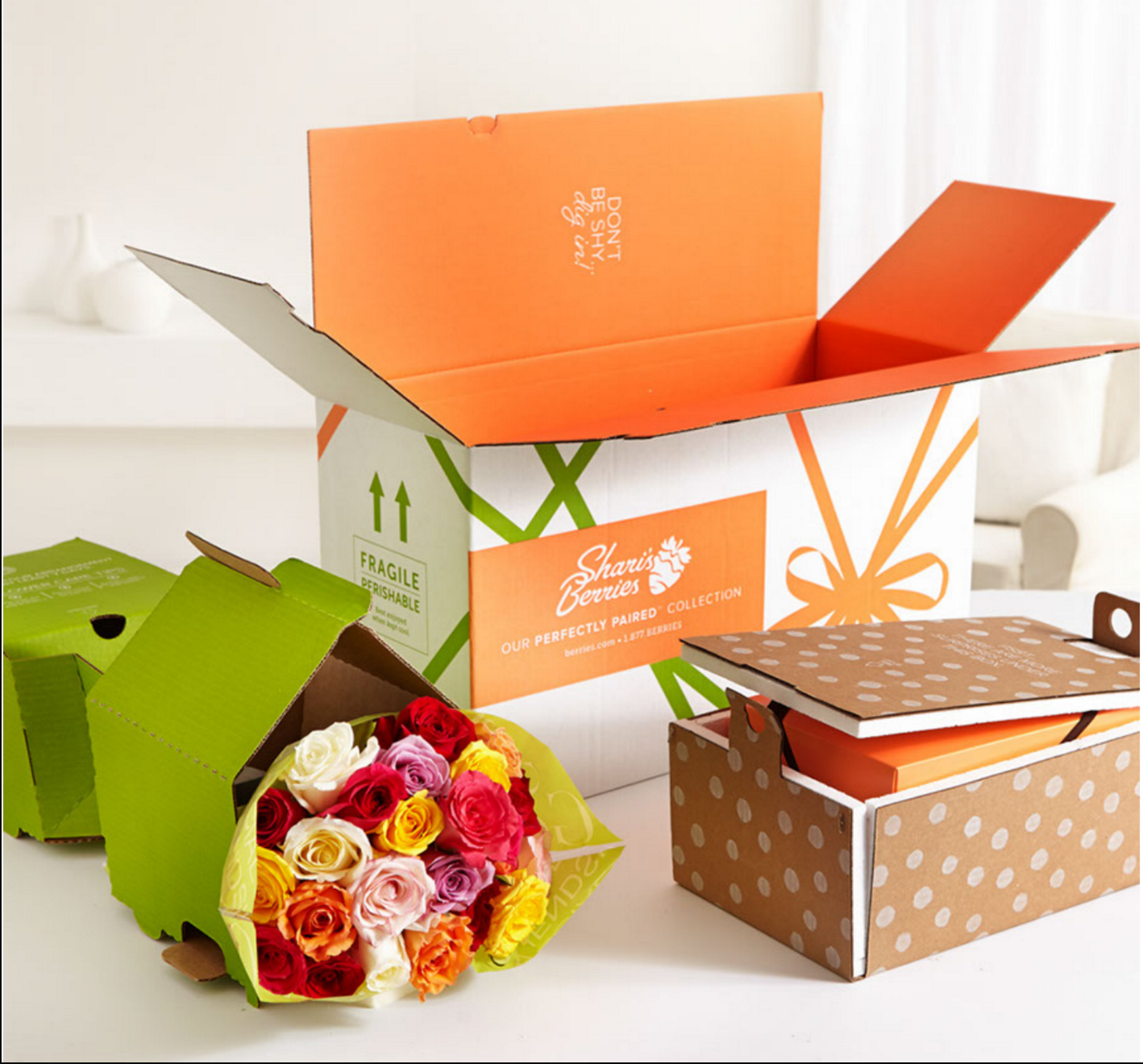 This gift is a whopper - a bouquet of flowers paired with sweet dipped berries or truffle treats. As the recipient opens the gift, they're met with fun lines such as "Don't be shy - dig in" and "sharing is optional." 