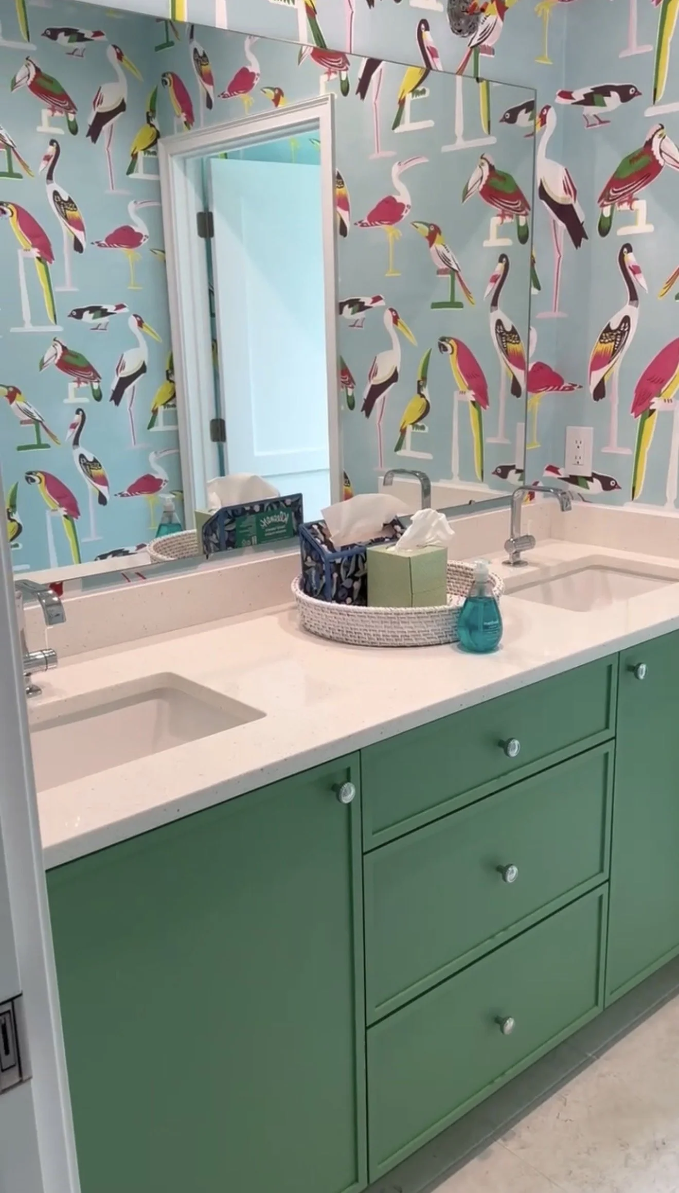 Bathroom with green cabinets, double sinks, and a colorful bird-themed wallpaper. A mirror and countertop with tissues, a soap dispenser, and storage containers are visible.