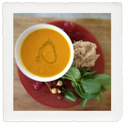 Salmon salad with veggie soup