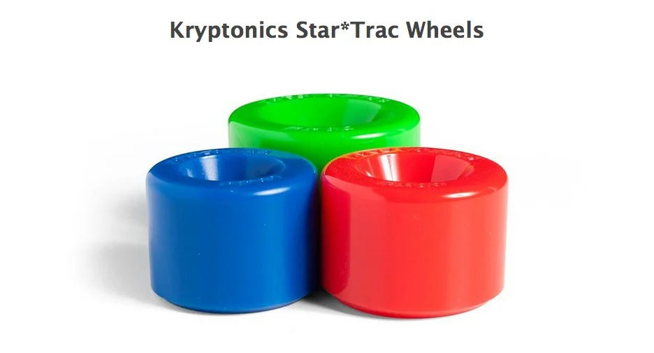 What is old is new again. The "C-Series" Kryptonics are an old friend to many of us and these are the Kryptonics Star*Trac Wheels reissue. Three duros and three sizes, in shapes that are spot-on to the OG 1970's world-changers. The original red 78A's from the 1970's are why many of the wheels you ride are the shape and durometer they are. Now, whether this is a legitimate continuation of the Krypto lineage or another cashing-in attempt by a long-gone brand is easy to determine: skate 'em. We have, and with the help of a crew of grom shredders, gear-sluts and a few crusties familiar with the original stuff, we've nearly cored all three duros. If you're not talking about these, or skating on them, we have two reasons you should be: 1) Our skate crew loved them. We've carved 'em, slid 'em, rolled the skate park with 'em and cruised 'em. The reds are fast and smooth, the blues are fun and the green ones are all on-order from a shop local to the groms and gear-sluts that put down cash to get their own sets. The Kryptos roll smooth, slide fast and are durable. They're fun to skate on. 2) They're the first wheels not poured in California that are this good, and they're damn good. Look, we've skated wheels from Italy, China, Australia and "elsewhere", and we've skated crap from California. The deal here is that the wizards of urethane formulas and the best 'thane houses in the skateboard world have all been right in SoCal for decades and attempts by others to make great stuff has always fallen short --sometimes a little, often by a lot-- of the best urethane wheels, all of which come from California. The Kryptonics Star Tracs shatter the paradigm: they're excellent wheels and these are the ones we see marking the next evolution of wheel manufacturing. It's not without a tear or twinge of bruised nationalist pride that we tell you wheels are gonna blow-up in '14. 