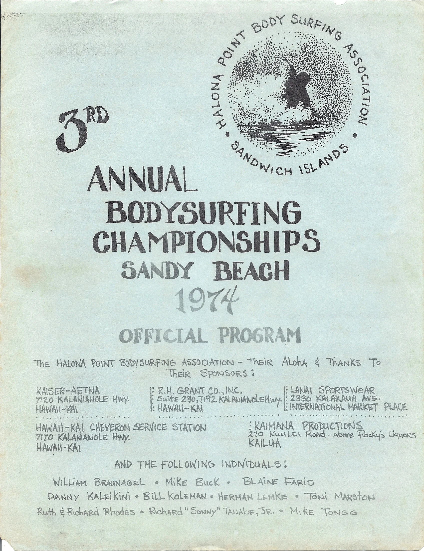 1974 Sandy Beach Bodysurfing Championships Program