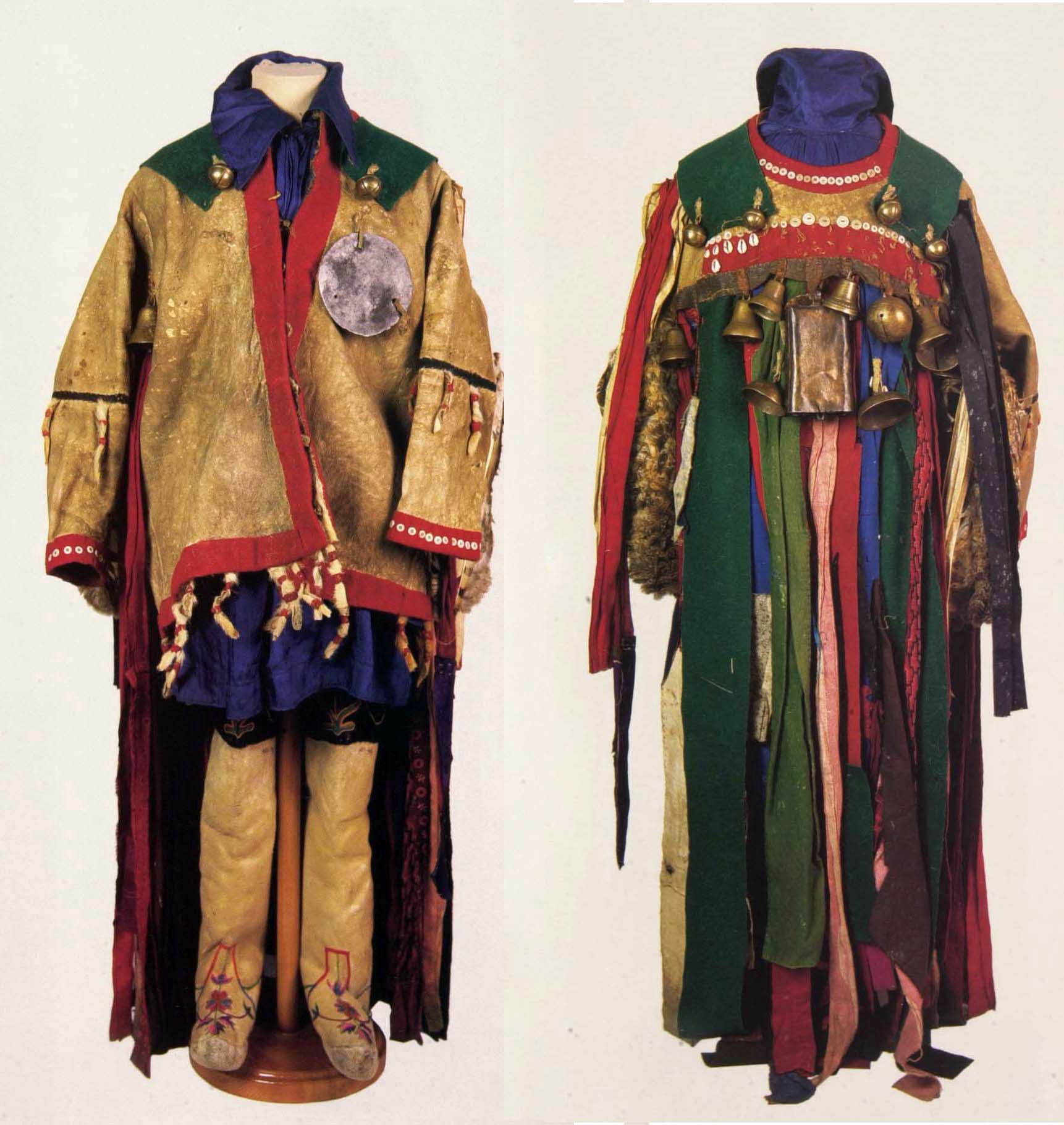 Shaman’s costume, Eastern Siberia, Yenisei province, Minusinsk district, Khakass, Late 19th century/mid-20th century. Coat: fur, metal, reindeer suede, buttons, owl wings, owl feet, owl heads. Trousers: cotton, silk. Shoes: lamb fur, silk threads, velveteen, leather. 