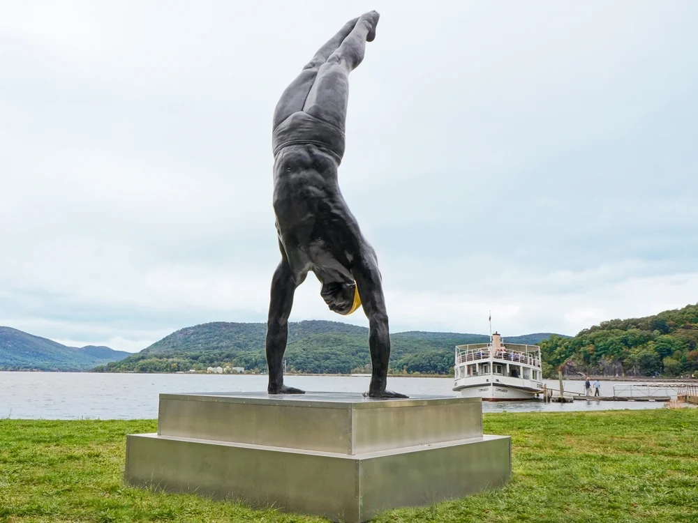 'The Golden Mean', 2012 Bronze with Gold Leaf, 150 x 54 x 38 inches, Purchased by the City of Peekskill, NY